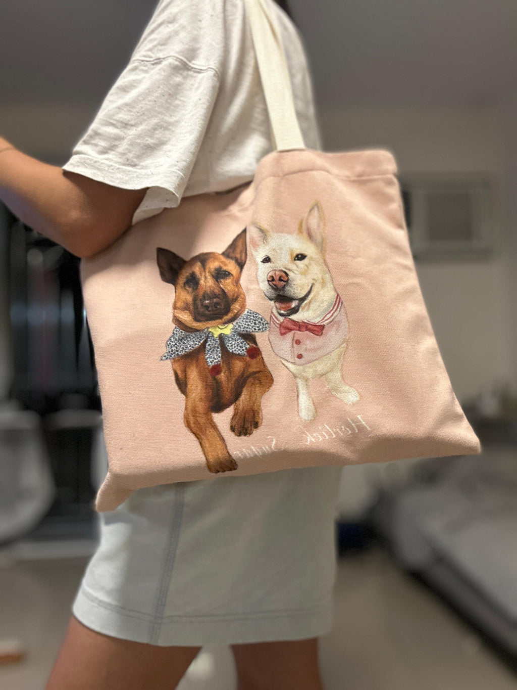 Bespoke Hand-Drawn Pet Portrait - Canvas Bag - Two Pets